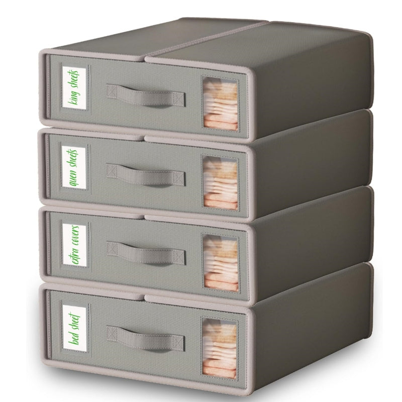 Four-Pack Bed Sheet Storage Boxes with Clear Windows, Labels and Oxford or Nonwoven Fabric Options