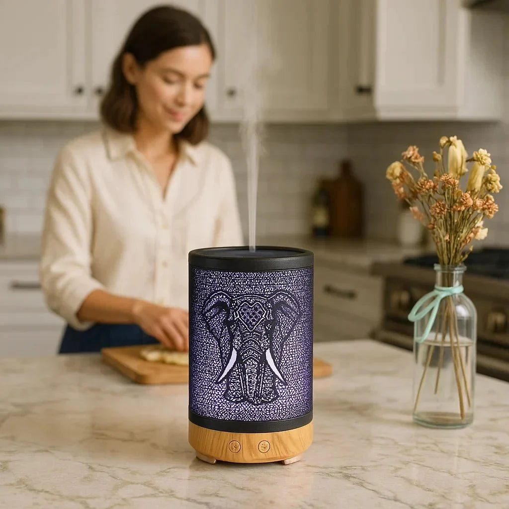 Elephant Metal Ultrasonic Humidifying Essential Oil Diffuser – 100ml, Safari Shadow Patterns, 7 LED Colors