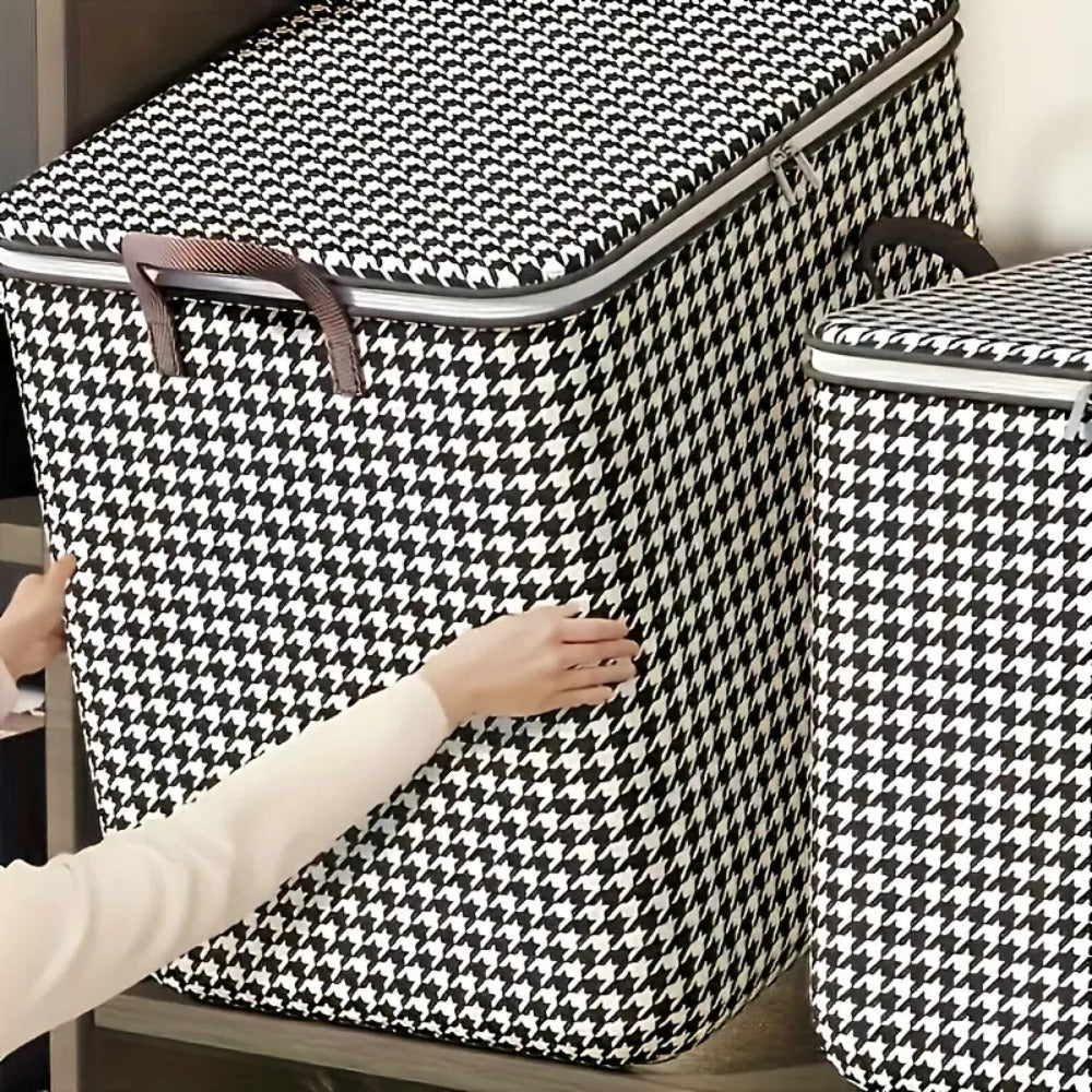 Four-Piece Houndstooth Fabric Storage Box Set with Handles, Double Zippers and Black-and-White Pattern